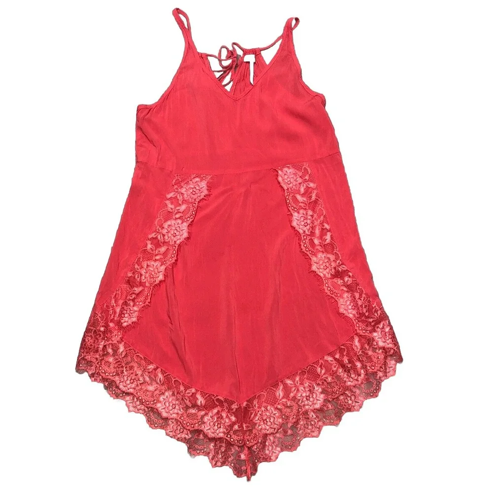 Free People Intimately Eyelashes Lace Mini‎ Slip Dress S Red Coral Boho Festival